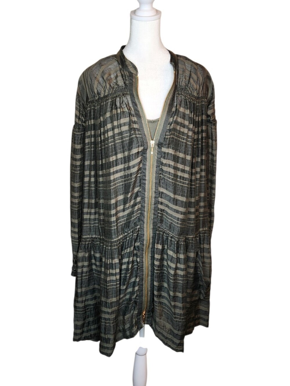 Anthropologie Long Sleeve Zip Front Tonal Stripe Mini Dress Green Size Small